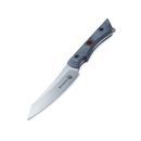 The Messermeister Iron & Resin Overland Chef 4.5″ Utility Knife by Messermeister features a sharp, angled stainless steel blade perfect for camp cooking, and a black and gray textured handle with red accents, shown against a plain white background.