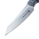 A close-up of the Messermeister Iron & Resin Overland Chef 4.5″ Utility Knife, featuring a sharp silver Nitro-B steel blade and a dark handle, with the Messermeister brand name and logo displayed on the blade, set against a white background.