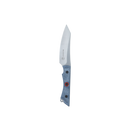 The Messermeister Iron & Resin Overland Chef 4.5″ Utility Knife—a fixed-blade utility knife crafted from Nitro-B steel with a silver blade, blue-gray handle featuring a red accent and black screws—is displayed on a plain white background, making it an excellent choice for camp cooking.
