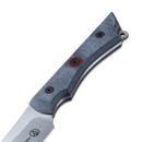 Close-up of the Messermeister Iron & Resin Overland Chef 4.5″ Utility Knife handle, crafted from layered blue material with black screws and a red accent, attached to a silver Nitro-B steel blade—all set against a white background—ideal for camp cooking or everyday use.