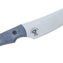 Close-up of the Messermeister Iron & Resin Overland Chef 4.5″ Utility Knife, showcasing its blue textured handle and a silver blade crafted from Nitro-B steel. The blade features the signature Field to Flame logo, depicting a person grilling over a fire—making it an ideal companion for camp cooking enthusiasts.