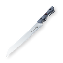 The Messermeister Iron & Resin Overland Chef 8″ Bread Knife by Messermeister features a long, serrated scalloped blade with a pointed tip and a black handle, displayed against a white background.