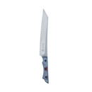 The Messermeister Iron & Resin Overland Chef 8″ Bread Knife is displayed on a white background, showcasing its scalloped blade with a silver finish and a blue-gray handle accented by two black rivets and a touch of red.