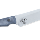 A close-up of the Messermeister Iron & Resin Overland Chef 8″ Bread Knife, featuring a scalloped blade and a blue-gray handle, designed for outdoor cooking. The blade displays the Messermeister logo with a campfire, crossed utensils, and the text “FIELD + FLAME.”.