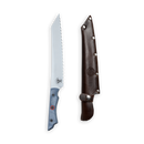 The Messermeister Iron & Resin Overland Chef 8″ Bread Knife, featuring a scalloped blade, blue-gray handle with a red accent, is displayed next to a dark brown leather sheath adorned with metal rivets and an embossed Messermeister logo, all set against a white background.