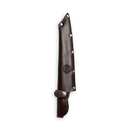 A dark brown leather sheath with metal rivets and a buttoned strap, designed by Messermeister to protect the Iron & Resin Overland Chef 8″ Bread Knife with its scalloped blade, shown vertically against a white background.