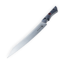 The Messermeister Iron & Resin Overland Chef 9″ Carving Knife by Messermeister features a large, straight-edged blade with an angled tip, a durable dark handle accented with two rivets and a red detail, and is crafted from high-carbon stainless steel, presented on a white background.