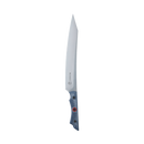 The Messermeister Iron & Resin Overland Chef 9″ Carving Knife by Messermeister is a long, narrow carving knife with a pointed tip and a blue handle, expertly crafted from high-carbon stainless steel and photographed against a plain white background.