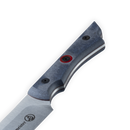 Close-up of the Messermeister Iron & Resin Overland Chef 9″ Carving Knife handle, showcasing its layered blue and gray design, two black screws, a red accent ring, and a portion of the blade with the Messermeister logo. The background is plain white.
