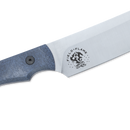 A close-up of the Messermeister Iron & Resin Overland Chef 9″ Carving Knife, featuring a blue-gray handle and the Messermeister FIELD + FLAME campfire logo etched on its high-carbon stainless steel blade.