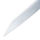 Close-up of the Messermeister Iron & Resin Overland Chef 9″ Carving Knife, featuring a shiny, pointed blade crafted from high-carbon stainless steel with a sharp edge, set against a white background.