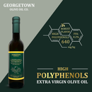 A dark green bottle of Georgetown Olive Oil Co. Coratina (ITALY) Extra Virgin Olive Oil, featuring a yellow label. The image highlights “HIGH POLYPHENOLS 640 mg/kg” and “ROBUST FLAVOR, FFA: 0.2%.” Crafted from first cold pressed Coratina olives in Italy, this extra virgin olive oil by Georgetown Olive Oil Co. stands out against a dark green background with gold and white text.