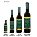 Four bottles of Georgetown Olive Oil Co Coratina (ITALY) Extra Virgin Olive Oil are displayed side by side, each featuring the Georgetown Olive Oil Co. brand name and product details on their labels. Available in 60ml, 200ml, 375ml, and 750ml sizes—with size descriptions above each bottle—every bottle contains our premium first cold pressed Coratina extra virgin olive oil from Italy for exceptional flavor.