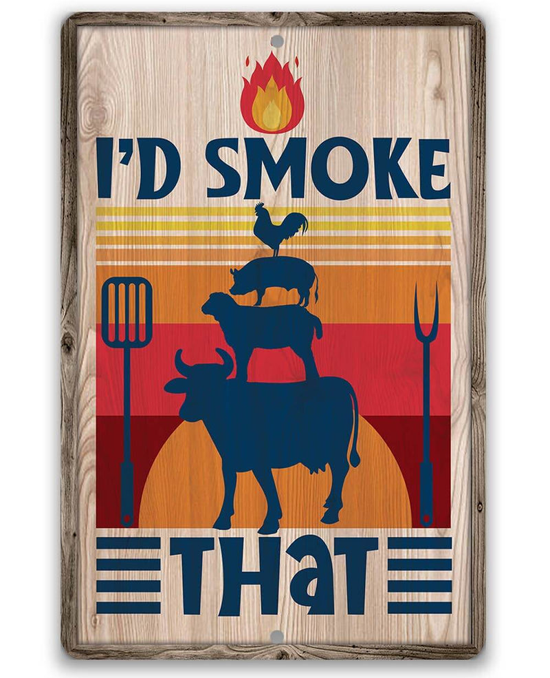 Wooden sign with graphic design of animals and text 'I'd Smoke That' on a wooden background