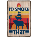 Metal sign with barbecue-themed design featuring animals and tools on a colorful background.