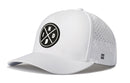 The Haka Hat Indiana Performance 5-Panel Hat | IND X Flexfit® Snapback is a white premium hat with side perforations, a subtle H logo near the brim, and a black circular logo featuring I, N, D, and J separated by crossed lines.