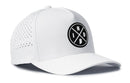 The Haka Hat Indiana Performance 5-Panel Hat | IND X Flexfit® Snapback features a white design with a black circular logo showing intersecting lines, I, N, D letters, and the state map. Perforated side panels provide breathable comfort.