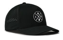 The Haka Hat Indiana Performance 5-Panel Hat | IND X Flexfit® Snapback is a black hat with breathable side panels and a round patch featuring crossed lines, I, N, D letters, and an Indiana state graphic on the front.