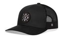 The Haka Hat Indiana Trucker Hat | Black IND X Snapback features a mesh back and round patch logo with N, D, and an axe on the front—showcasing Haka Hat’s signature trucker style.