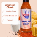 A bottle of Culture Hot Sauce American Dream by Culture Hot Sauce is displayed alongside ranch dressing, black pepper, and corn. The text emphasizes its nostalgic flavor with sweet corn and ranch notes, created from a blend of cayenne chili pepper and Ranch seasoning, and features a cheerful “Yeehaw!” on a peach background.
