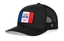 The Haka Hat Iowa Flag Trucker Hat is a black mesh snapback featuring the state flag patch with blue, white, and red stripes plus an eagle holding an "IOWA" ribbon. Stylish and comfortable from the Haka Hat brand.