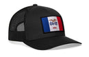 The Haka Hat Iowa Flag Trucker Hat by Haka Hat features a black mesh design and Iowa flag patch with blue, white, and red stripes, a flying eagle, and “IOWA” at the bottom. This snapback offers classic state pride in a stylish trucker style.