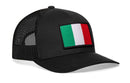 The Haka Hat Italian Flag Trucker Hat is a black snapback by Haka Hat, featuring an embroidered Italy flag patch with vertical green, white, and red stripes on the mesh back front panel.