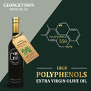 A bottle of Georgetown Olive Oil Co ITALIAN SEASONING | High Polyphenols Extra Virgin Olive Oil from Georgetown Olive Oil Co., featuring a “Italian Seasoning” label and graphics promoting “Polyphenols 550 mg/kg” along with the text “High Polyphenols Extra Virgin Olive Oil.” This cold infused Italian Seasoning olive oil is expertly crafted to deliver robust flavor and a rich antioxidant content in every pour.