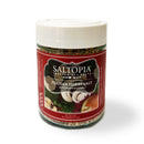 A jar of SALTOPIA Infused Sea Salts "Italian Herbs & Garlic Salt: KITCHEN'S KEEPER" features a white lid and label with mushrooms, tomatoes, and herbs, set against a white background.