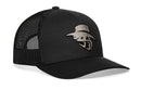The Haka Hat JBR Silver Logo is a black metallic leather snapback from Haka Hat, featuring a comfort fit, mesh back, curved brim, and an embroidered stylized masked face inspired by James Bigley Ranches.