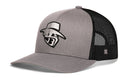 The Haka Hat JBR Silver Logo from Haka Hat is a gray and black comfort-fit snapback with metallic leather, featuring an embroidered black and white stylized cowboy hat logo on the front.