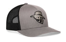 The Haka Hat JBR Silver Logo is a gray and black mesh-back snapback featuring a metallic leather front with an embroidered stylized cowboy hat and face logo, designed for comfort by Haka Hat.