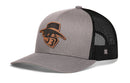 The Haka Hat JBR Logo Gray Black Poly Leather Snapback features a brown stylized masked logo on front, comfort-fit sweatband, curved brim, and black mesh back panels for breathability and style.