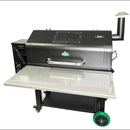 Black pellet grill featuring a Pimp My Grill® Stainless Steel Shelf Extension / Sleeve for Green Mountain Grills Jim Bowie / Peak.