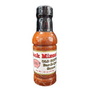 An 18 oz bottle of Myron Mixon Rib & Pork Kit barbecue sauce, with a reddish-brown color—ideal for pulled pork—and a white label featuring red and black text.