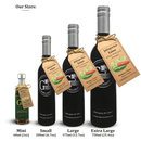 Four bottles of Georgetown Olive Oil Co. Jalapeño Lime White Balsamic, crafted in Modena, Italy, are displayed in mini, small, large, and extra large sizes with tan labels and gold strings. The bottles are arranged from left (smallest) to right (largest) against a white background.