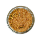 Top view of a glass jar with SALTOPIA Infused Sea Salts’ Bacon Maple Seasoning: JURASSIC PORK, a sweet-smoky blend with visible herbs and spices for signature bacon maple flavor.