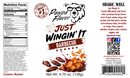 Product label for Pawpa Flavor Just Wingin’ It Barbecue featuring a nutrition facts panel, a bear wearing sunglasses, a QR code, social media icons, and illustrations of crispy wing seasoning on potato chips and chicken wings.