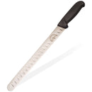 The SpitJack Chef's Knife from the Barbecue Knife Bundle features a sleek design with a black handle and a stainless steel blade, complete with oval indentations along its length, making it perfect for precise cuts.