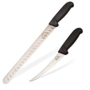 The SpitJack 6 Inch Beef Brisket Trimming and Boning Knife and 11″ Slicing Knife Bundle includes two premium BBQ knives with black handles: an 11″ long, straight, grooved slicing knife for brisket and a shorter, curved-blade knife ideal for trimming and boning. Both feature the SpitJack brand logo on the blade.