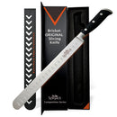 A SpitJack Deluxe Brisket Slicing Knife - 11 Inch Blade, Competition-Chef Series, featuring a sleek black handle, is displayed alongside its protective sheath and a black box labeled “Brisket ORIGINAL Slicing Knife.” Expertly crafted for precise meat carving, this SpitJack competition BBQ knife is perfect for both BBQ enthusiasts and professional chefs.