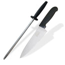 The SpitJack 8 Inch Chef Knife with a black handle and shiny blade is displayed on a white background alongside the SpitJack 11 Inch Sharpening Hone, which also features a black handle.