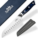 The SpitJack 6.5″ Santoku Chef’s Knife features a black and blue handle and comes with a protective sheath and branded box.