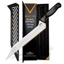 The SpitJack BRSKT 2.0S Brisket Slicing Knife features a Granton edge and protective sheath, shown with its branded packaging.
