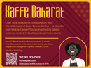 A label for World Spice Kaffe Baharat coffee, featuring bold text, an illustration of a smiling man, and details about the coffee-infused blend created in collaboration with Seattle’s World Spice and Boon Boona Coffee. The warm, Middle Eastern-inspired design highlights the rich Middle Eastern flavors, emphasizing the unique offering from World Spice.