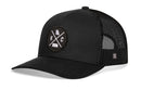 The Haka Hat Kansas City Trucker Hat - Black KC X Snapback features a mesh back, circular patch with crossed lines, “K” and “C,” and two U.S. state outlines—a classic snapback style for daily wear by Haka Hat.