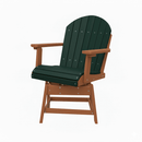 The Kanyon Living Poly Lumber Dining Height Swivel Chair in Dark Green & Cedar Wood features a wood-style Adirondack look, with brown arms and legs—ideal for outdoor dining. Shown on a white background.
