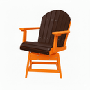 The Kanyon Living Poly Lumber Dining Height Swivel Chair features a dark wood slatted seat and backrest, orange frame and armrests, making this Amish outdoor chair a standout piece from Kanyon Living. Shown against a plain white background.