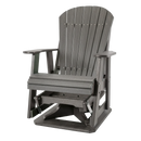 The Kanyon Living Adirondack Poly Glider Swivel Chair in Driftwood Grey features vertical back slats, wide armrests, and a sturdy base for smooth gliding, offering stylish outdoor seating against a plain white background.