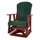 The Kanyon Living Adirondack Poly Glider Swivel Chair by Kanyon Living features a dark green slatted seat and back with cherry red armrests, frame, and base—an eco-friendly outdoor chair shown on a plain white background.